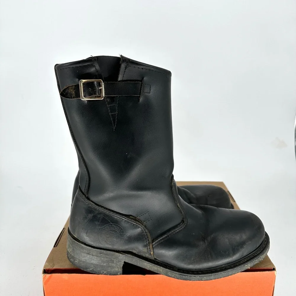 Vintage Brahma Steel Toe Engineer Black Leather Boots USA Corded Sole Men's 8.5